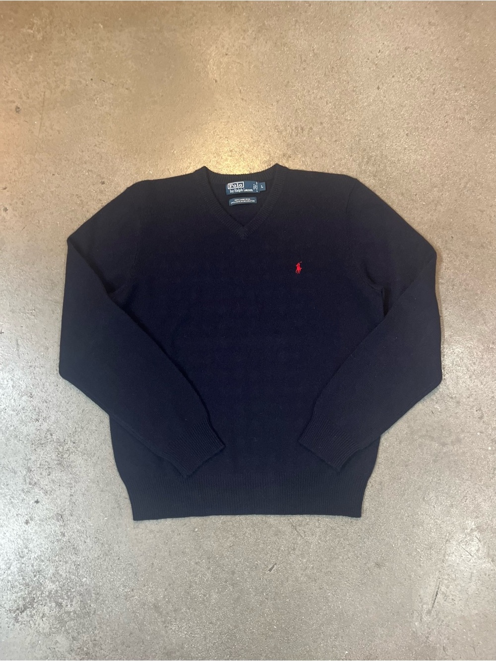 Men’s Ralph Lauren Navy V-Neck Lambs Wool Sweater with Red Pony Logo